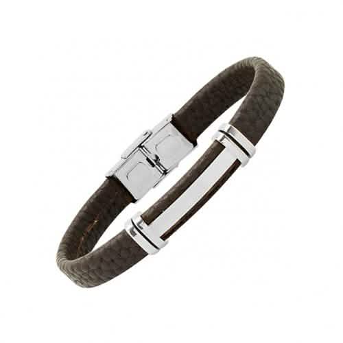 Men's Stainless Steel and Brown Leather ID Bracelet DailySale