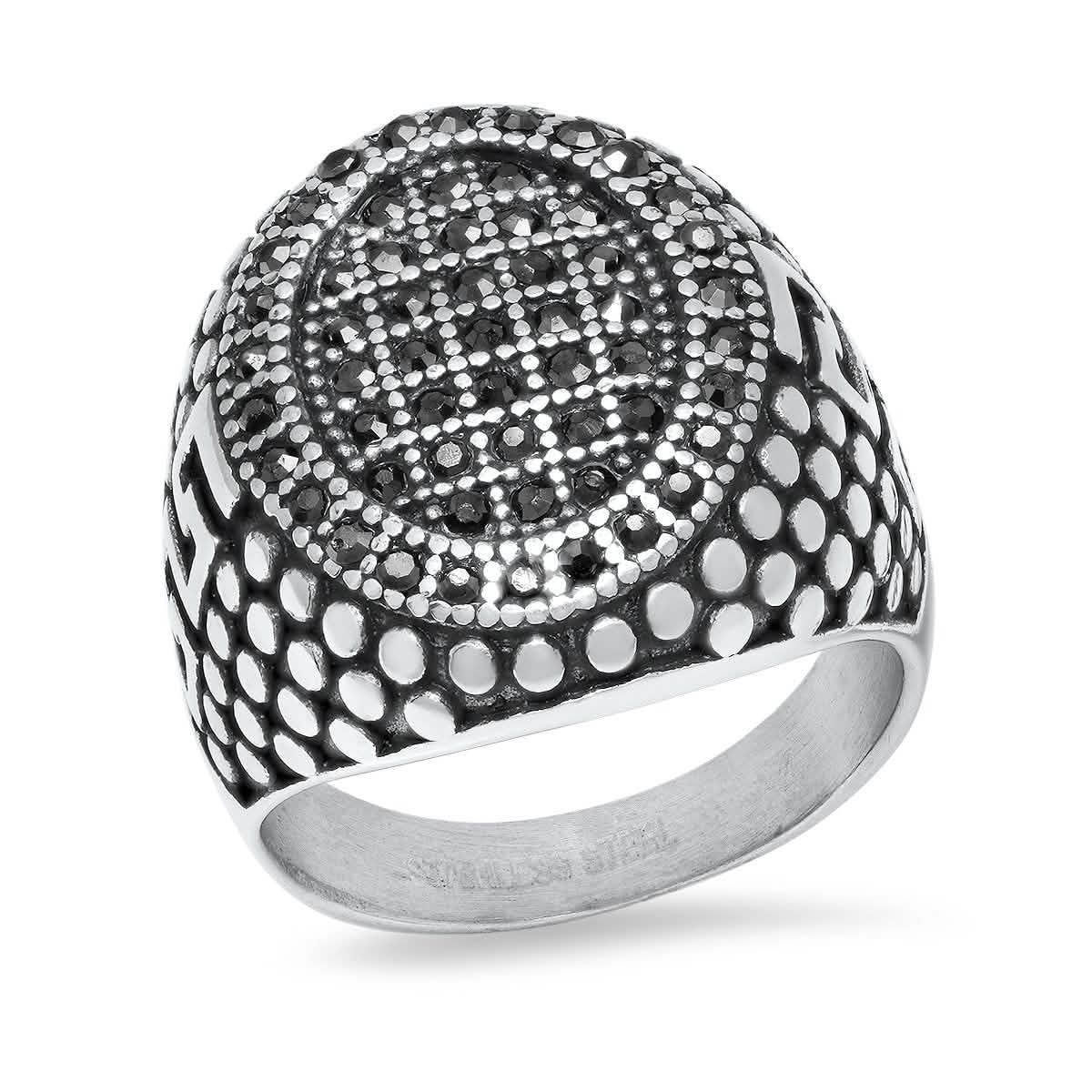 Men's Stainless Steel, Black IPand Gray CZ Pebble & Greek Key Accented Ring DailySale