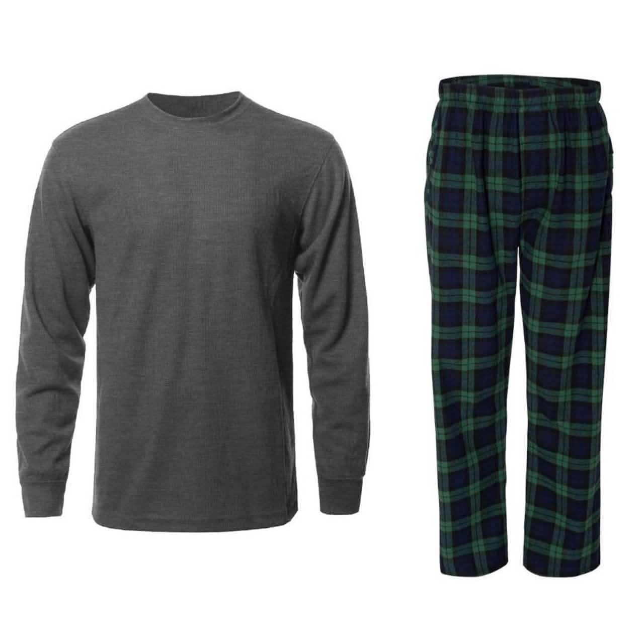 Men's Thermal Crew Neck and Fleece Plaid Pants Bundle DailySale