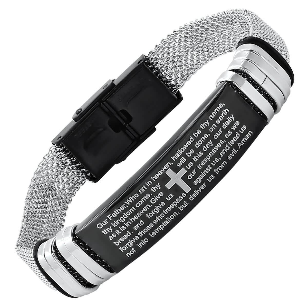 Men's Two Tone Stainless Steel and Black IP Our Father Prayer Mesh Bracelet DailySale