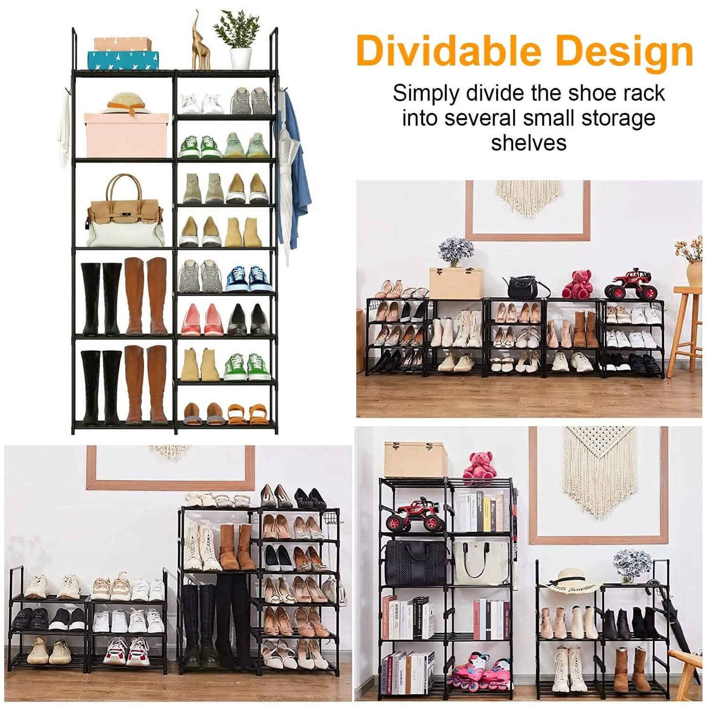 Metal Shoe Storage Shelf Free Standing Shoe Stand with 2 Row Hooks DailySale