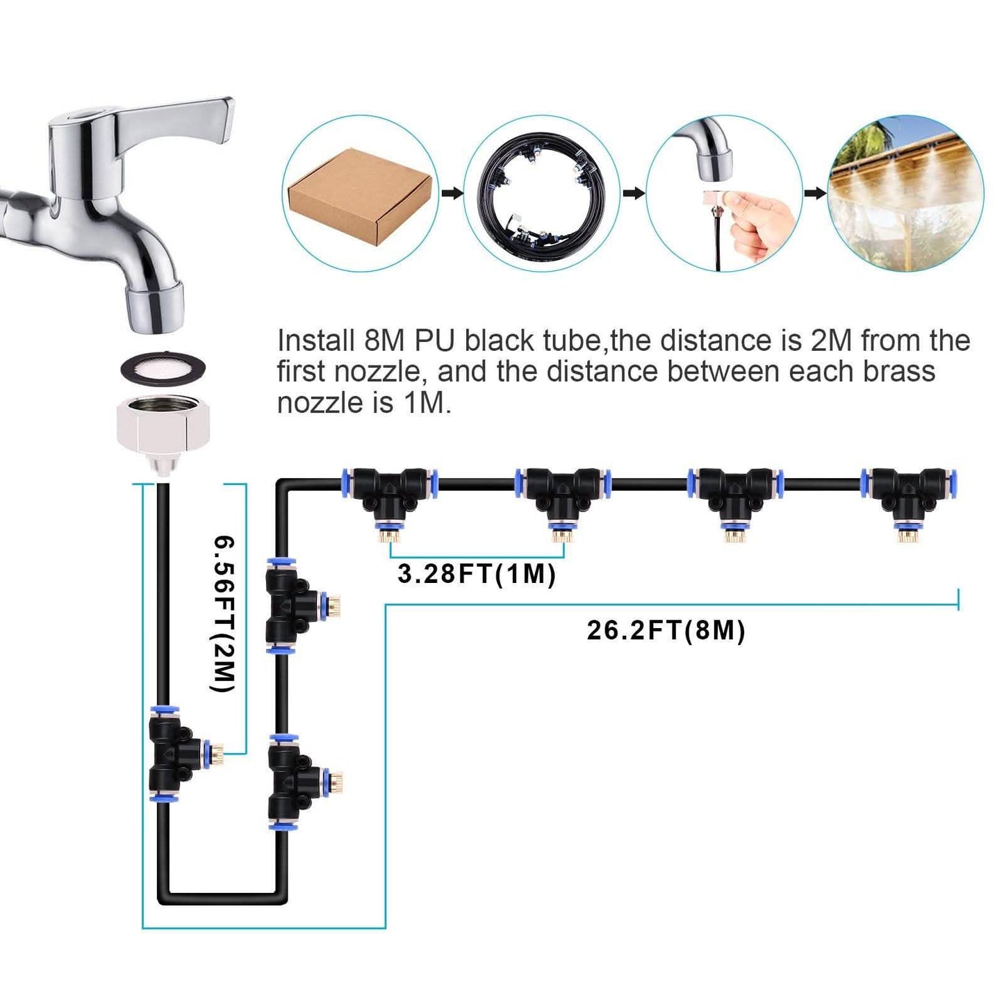 Mist Cooling System 26Ft Line + 10 T-Joint Nozzles Water Sprayer DailySale