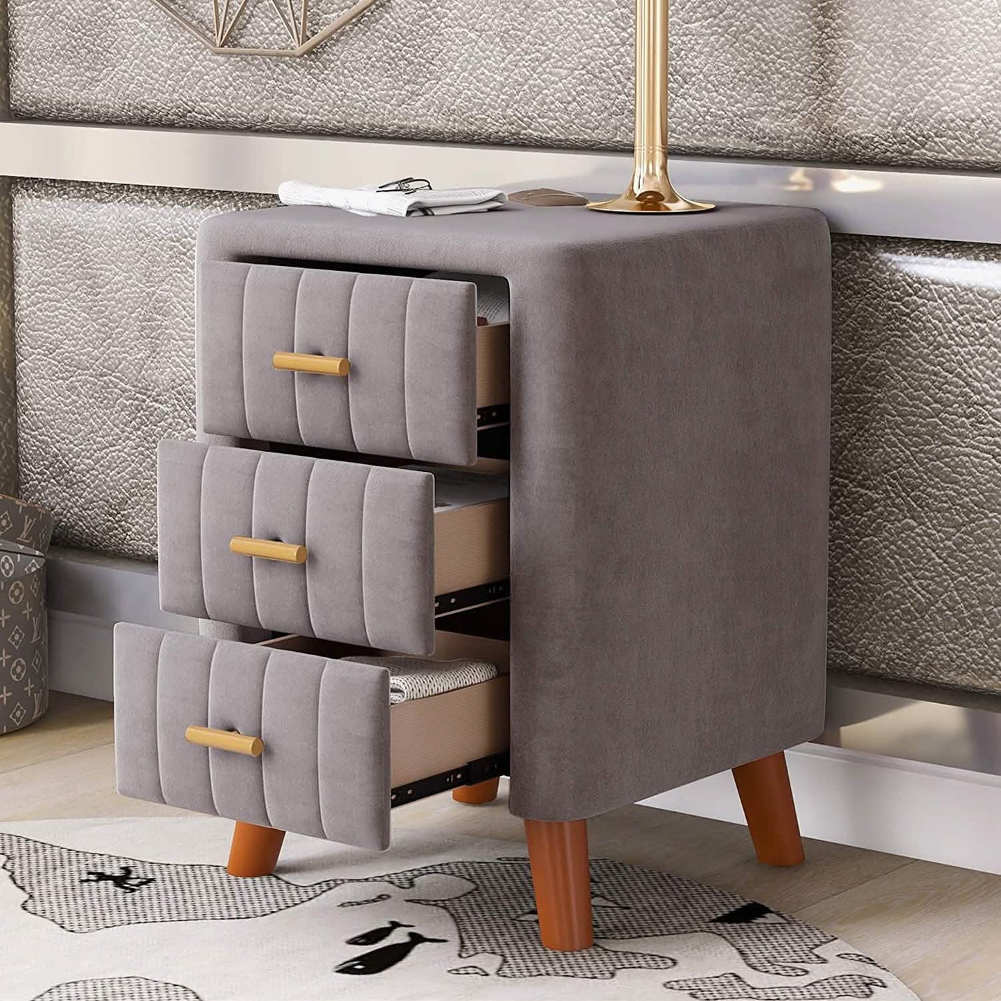 Modern Bedside Velvet Upholstered 3-Drawer Nightstand with Metal Handles DailySale