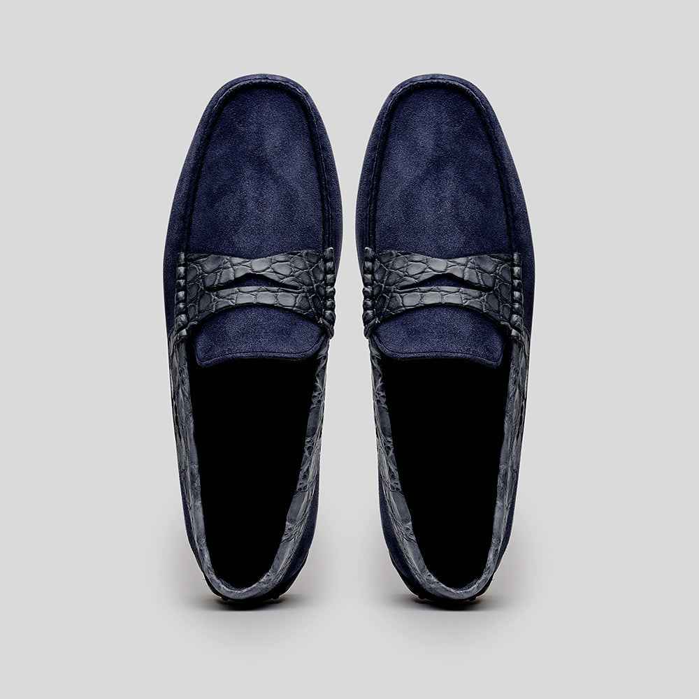31-160-NVY MONZA Sueded Calfskin with Crocodile Driver, Navy