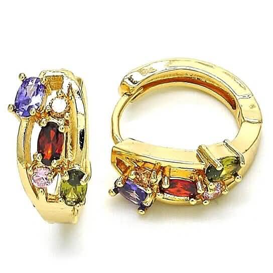 Multi Color Halo Huggie Oval Stones Earrings In Yellow Gold Filled High Polish Finish DailySale