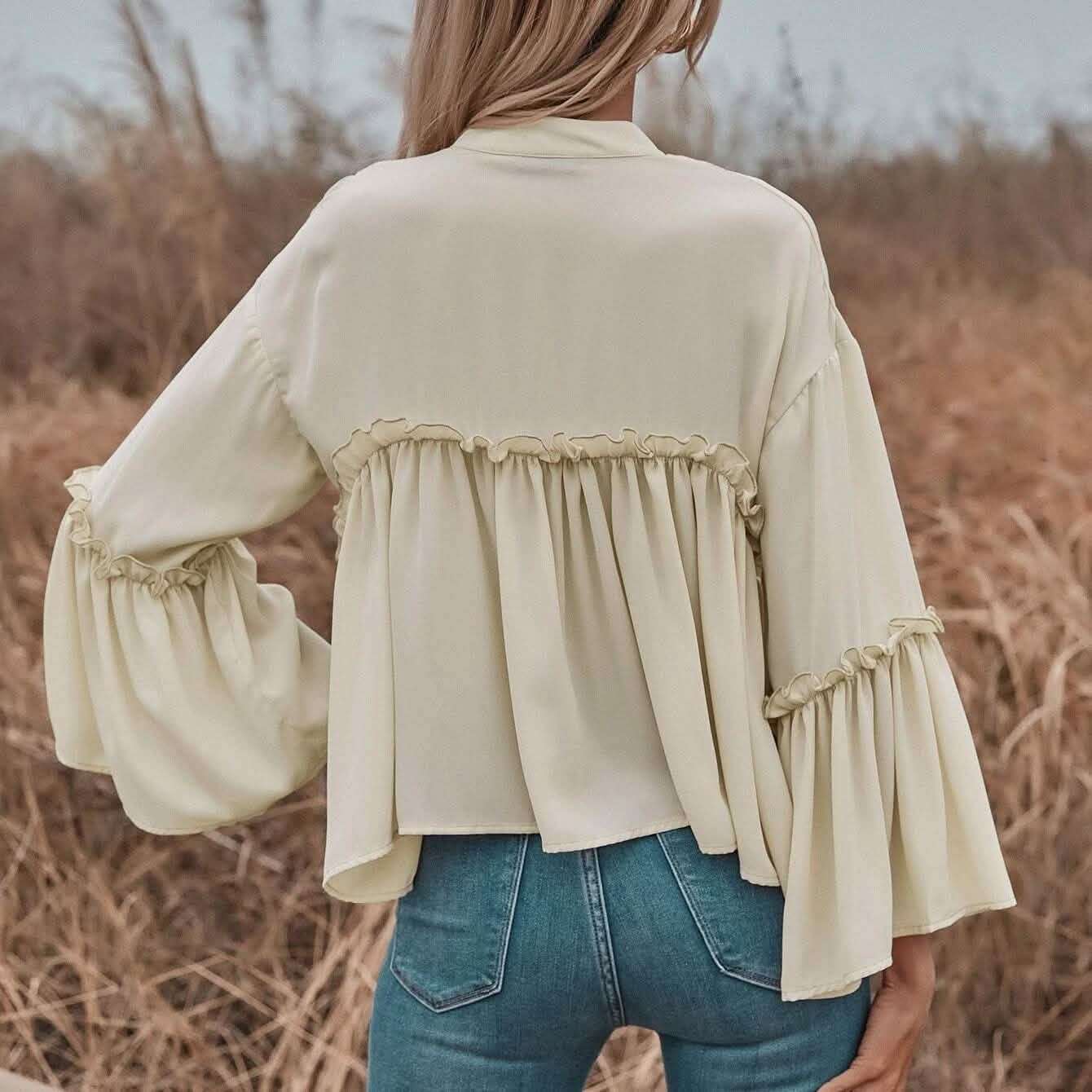 Notch Neck Frill Trim Flounce Sleeve Babydoll Blouse DailySale