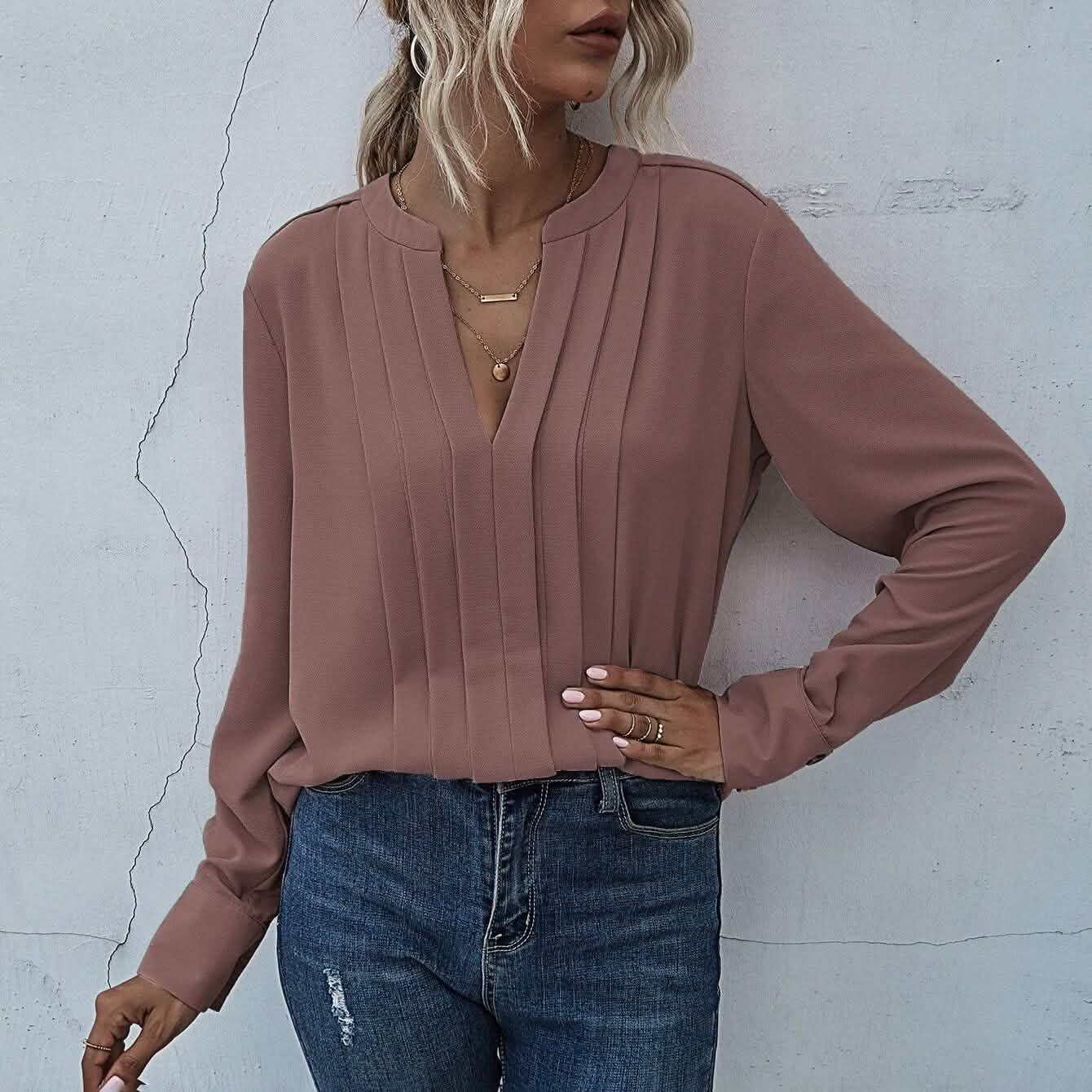 Notched Neck Pleated Decoration Blouse DailySale