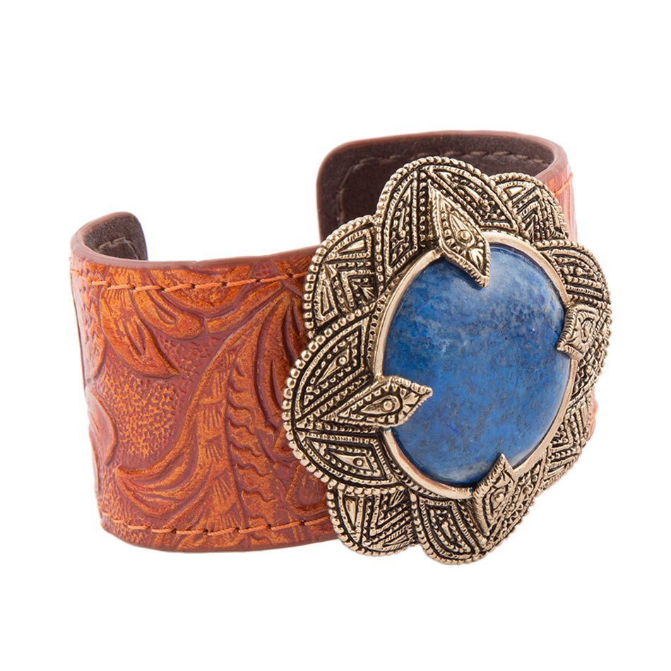 Ornate Blue Lapis Golden Leather Cuff Bracelet Barse Jewelry