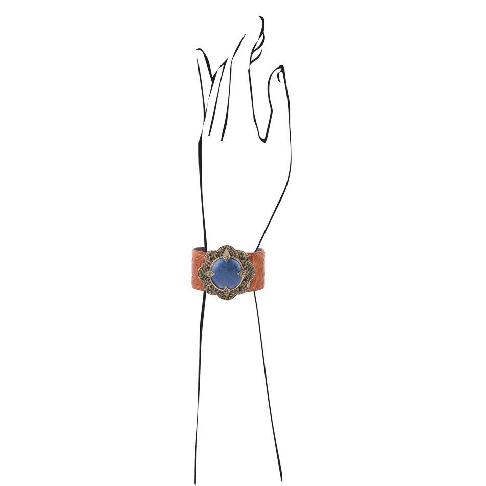 Ornate Blue Lapis Golden Leather Cuff Bracelet Barse Jewelry