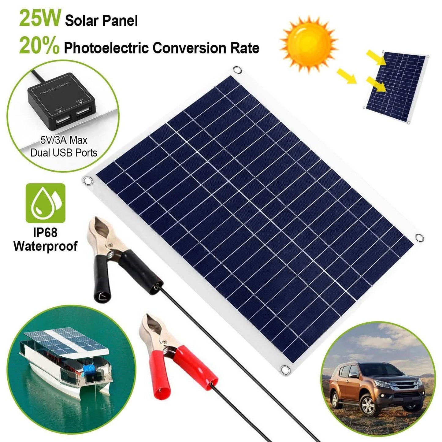 Outdoor Solar Panel 12V 25W Car Battery Charger DailySale