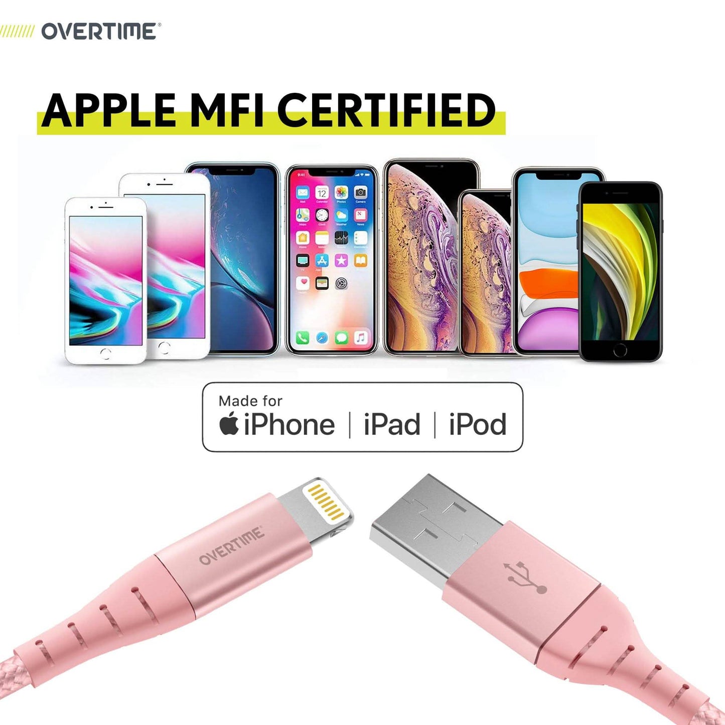 Overtime iPhone Charger Set, Apple MFi Certified Lightning Cable 10ft with Dual USB Wall Charger Adapter - Rose Gold DailySale