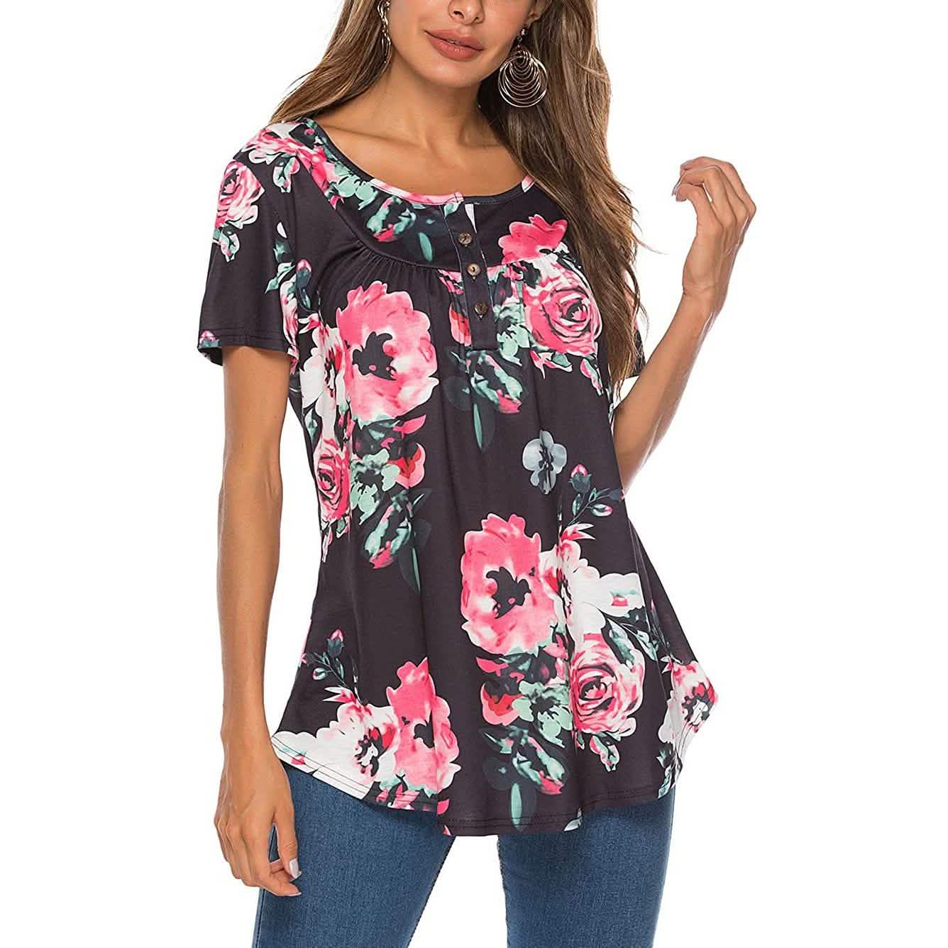 Paisley Printed Button Up Top Short Sleeve V Neck Pleated Casual Loose Flare Tunic Blouse Henley Shirt DailySale