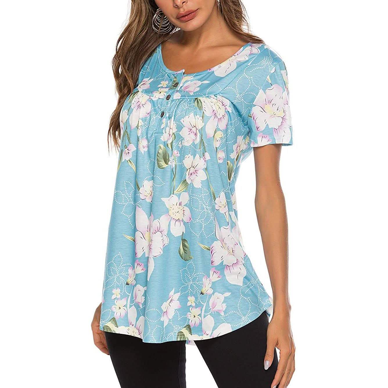 Paisley Printed Button Up Top Short Sleeve V Neck Pleated Casual Loose Flare Tunic Blouse Henley Shirt DailySale