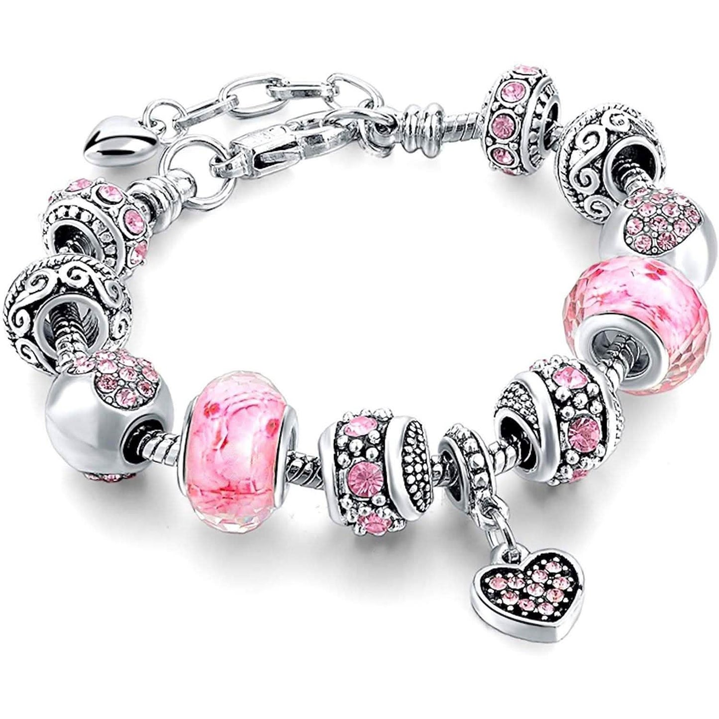 Pink Crystal Love Heart Bead Glass Charm Bracelet with Extender DailySale