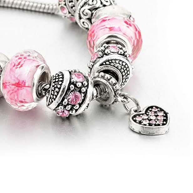 Pink Crystal Love Heart Bead Glass Charm Bracelet with Extender DailySale