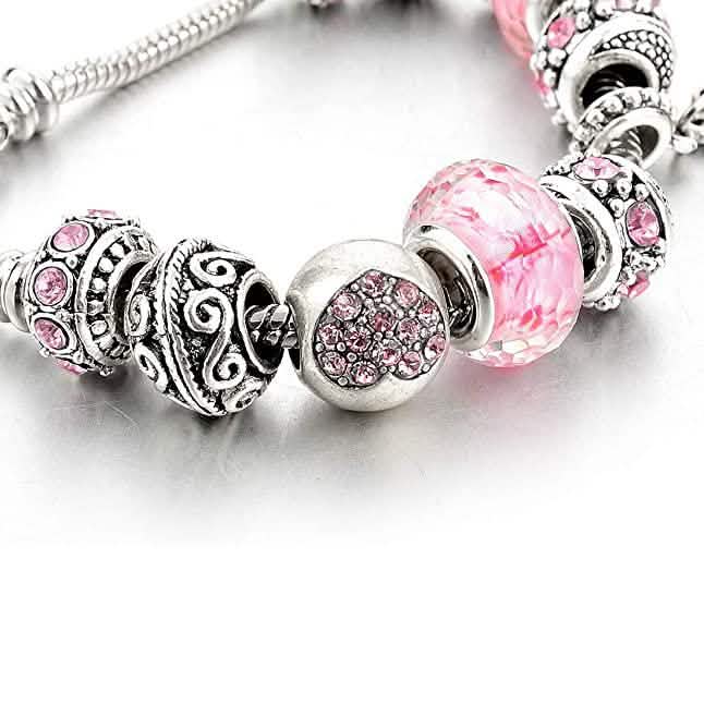 Pink Crystal Love Heart Bead Glass Charm Bracelet with Extender DailySale