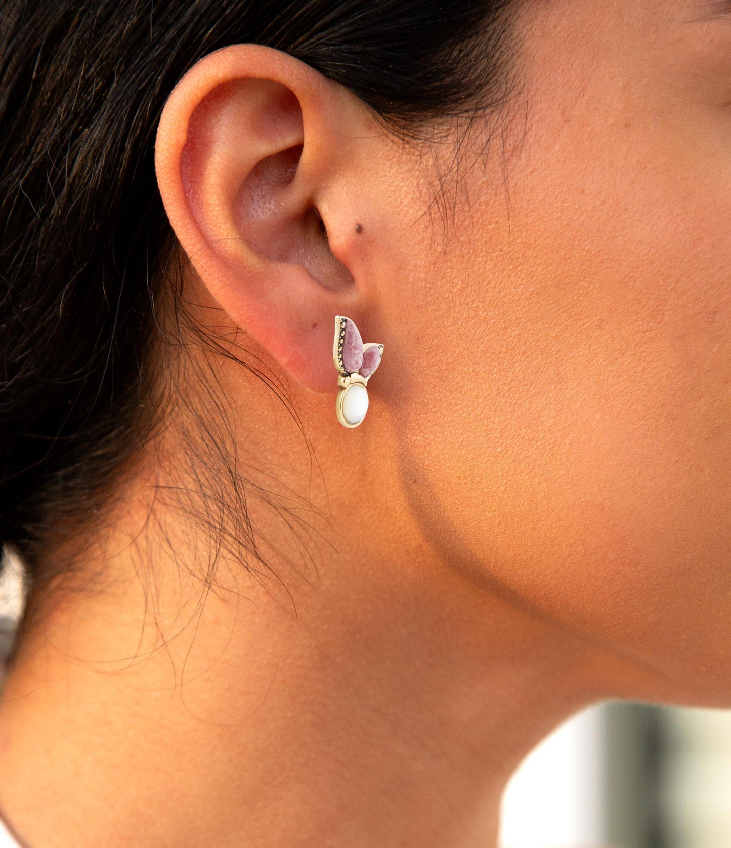 Pink Rhodonite and White Mother of Pearl Golden Butterflies Post Earrings Barse Jewelry