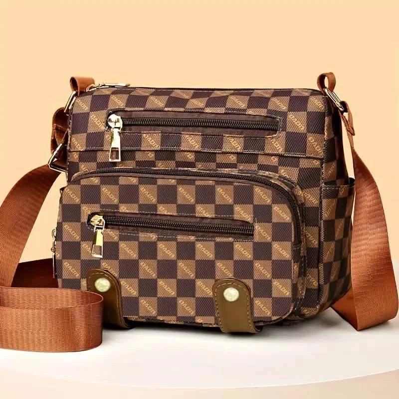 Plaid Pattern Crossbody Bag, Women's Multi Pockets Purse, Studded Decor Faux Leather Shoulder Bag DailySale