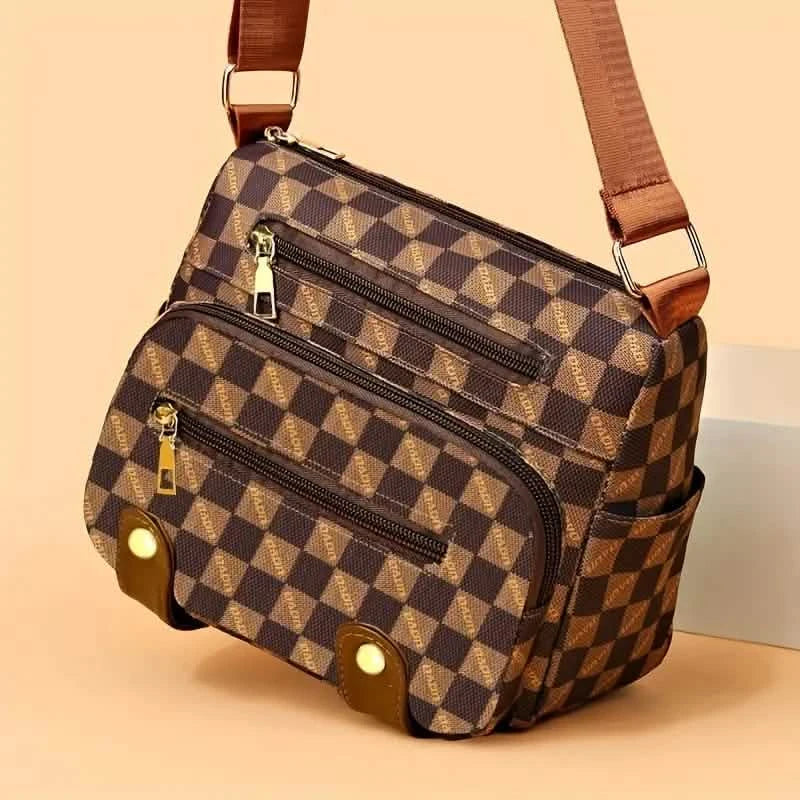 Plaid Pattern Crossbody Bag, Women's Multi Pockets Purse, Studded Decor Faux Leather Shoulder Bag DailySale
