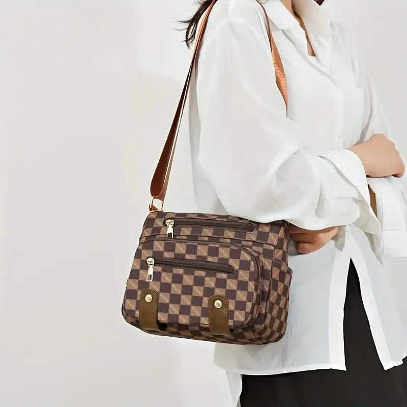 Plaid Pattern Crossbody Bag, Women's Multi Pockets Purse, Studded Decor Faux Leather Shoulder Bag DailySale