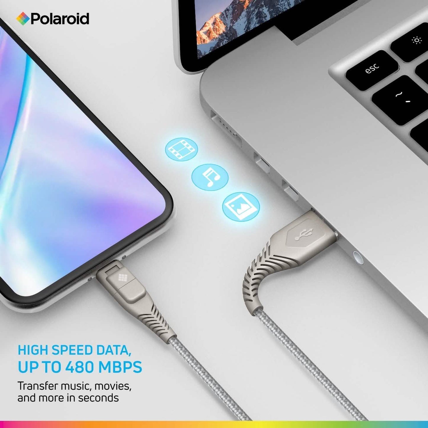 Polaroid 5 Ft USB Type-C Nylon Braided Charger Cable with LED Light DailySale