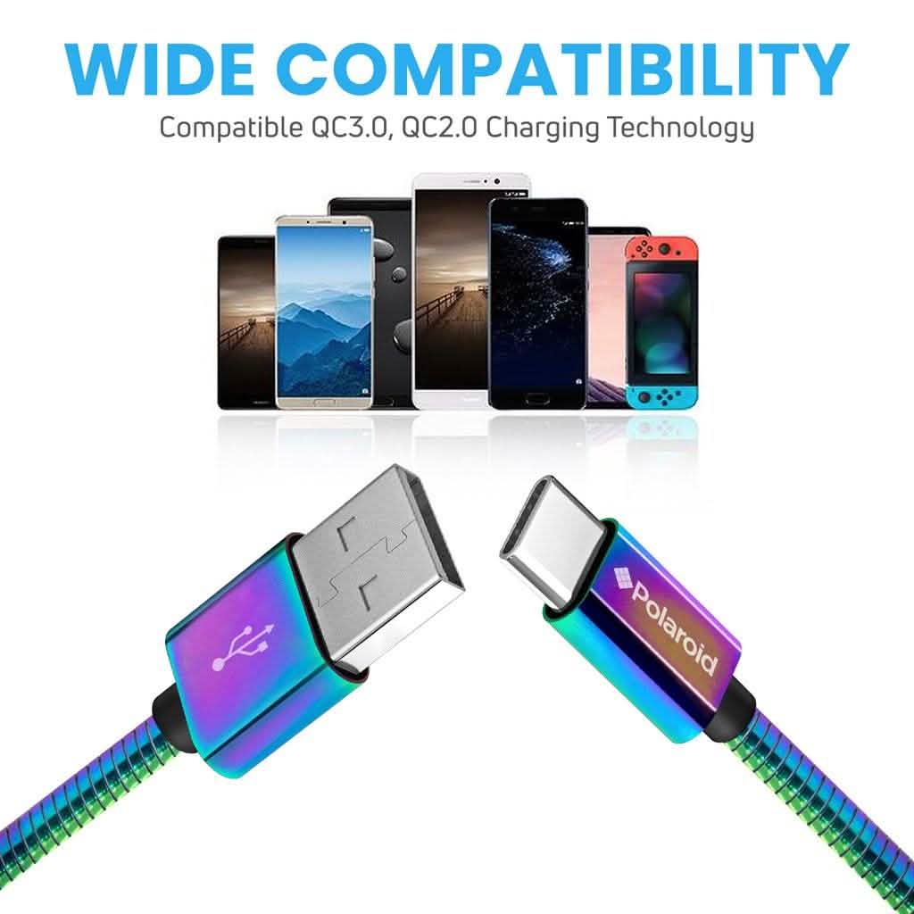 Polaroid USB Type-C Cable 5Ft | USB C Spiral Metal Cable with Aluminum Housing for Android Devices - Iridescent DailySale