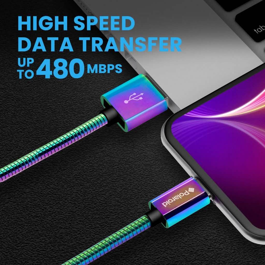 Polaroid USB Type-C Cable 5Ft | USB C Spiral Metal Cable with Aluminum Housing for Android Devices - Iridescent DailySale