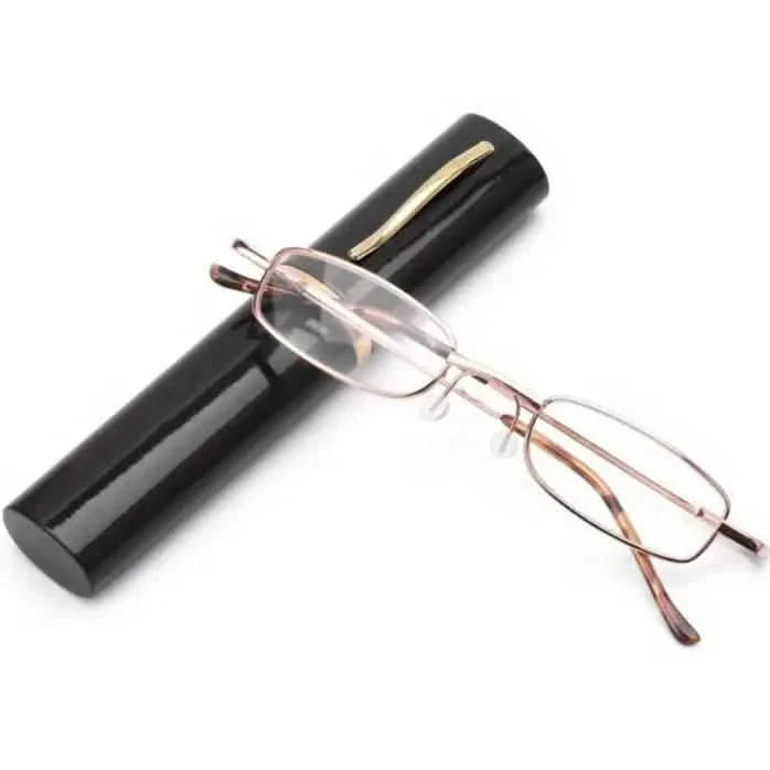Portable Presbyopia Reading Glasses with Pen Tube Case - Unisex, Metal Frame, Spring Hinge, +1.00~+4.00, Plastic Lens DailySale