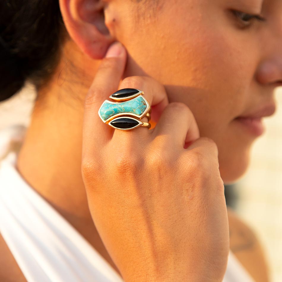 Puzzle Blue Turquoise and Black Onyx Golden Ring Set Barse Jewelry