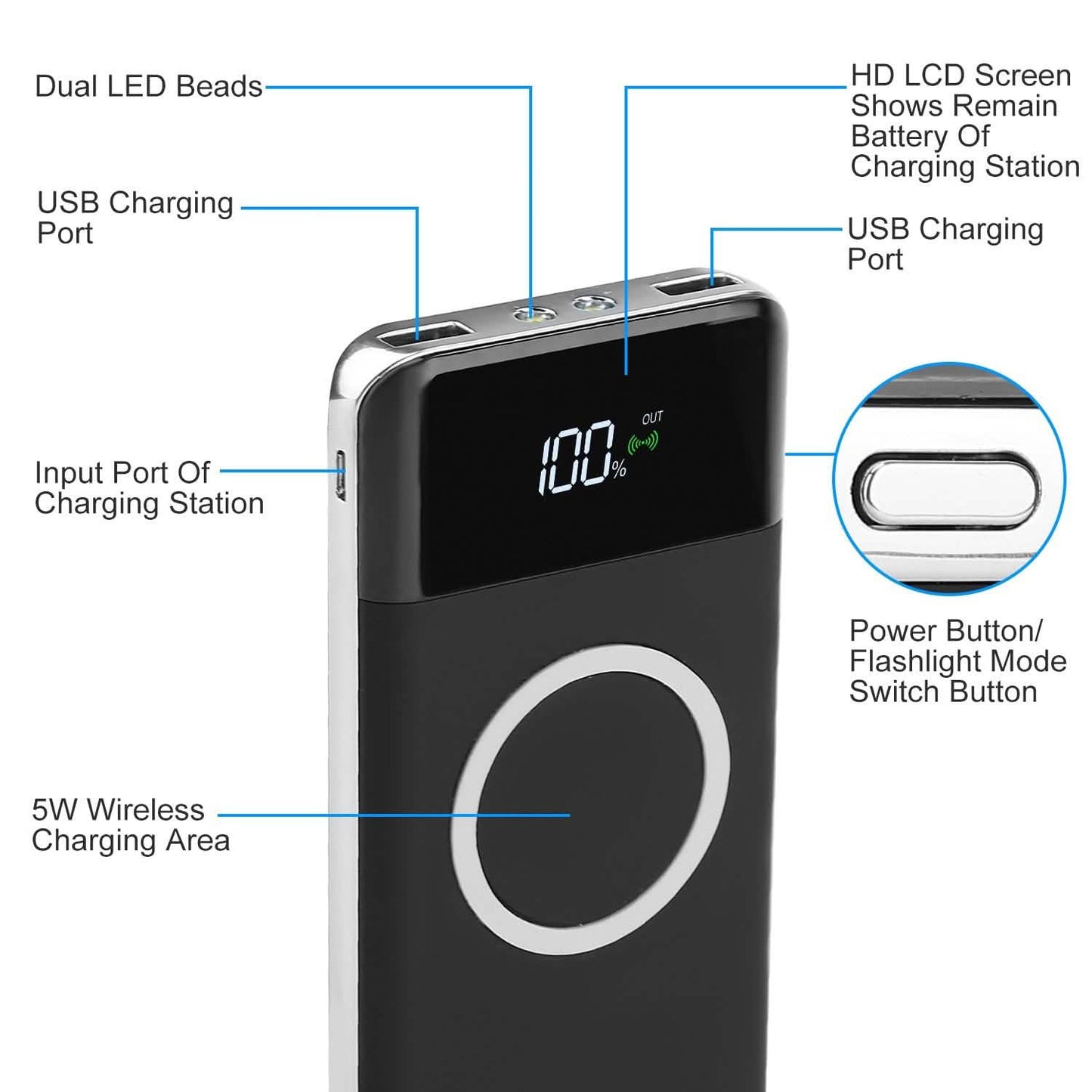 Qi Wireless Station 10000mAh Powerbank with 4 Modes Flashlight DailySale