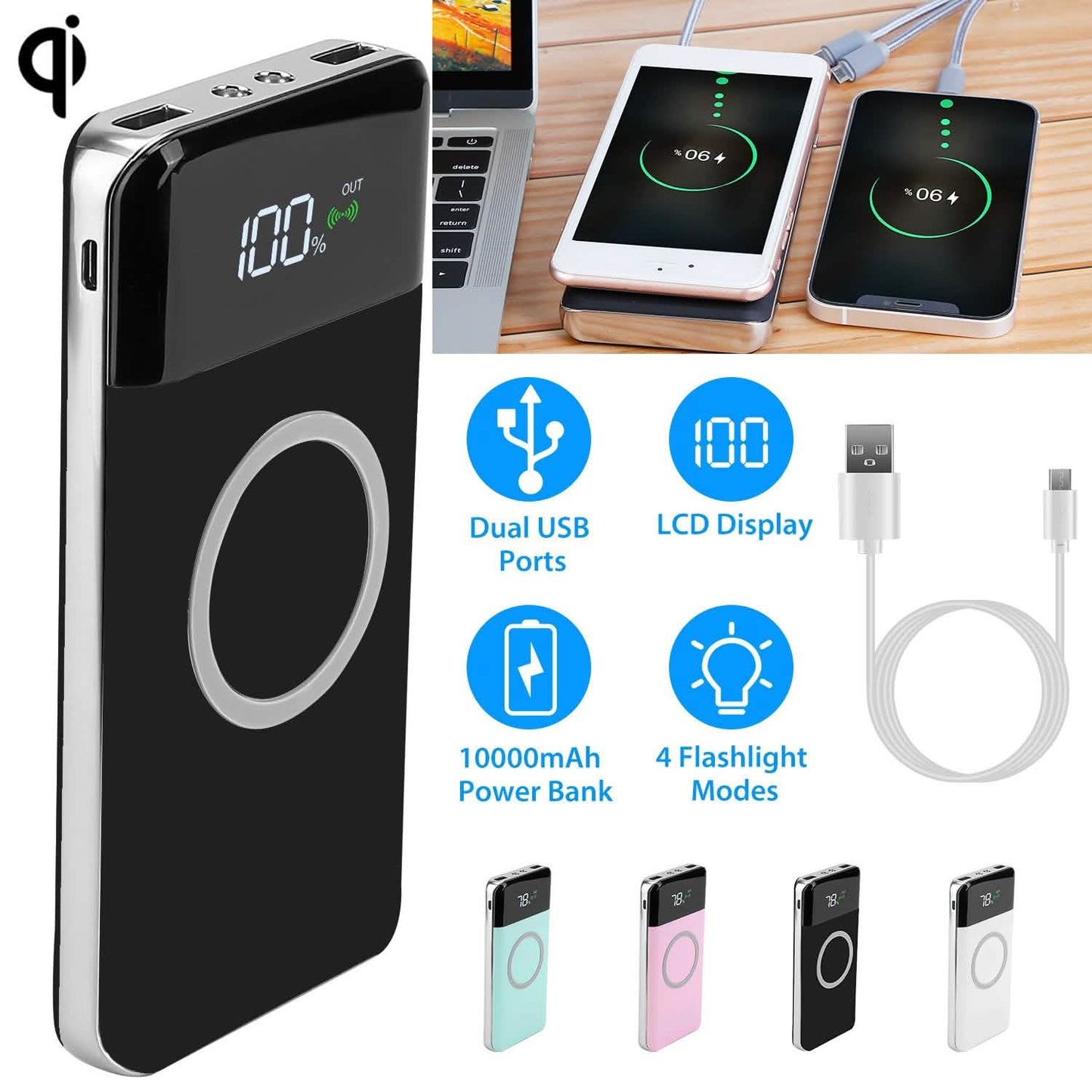 Qi Wireless Station 10000mAh Powerbank with 4 Modes Flashlight DailySale