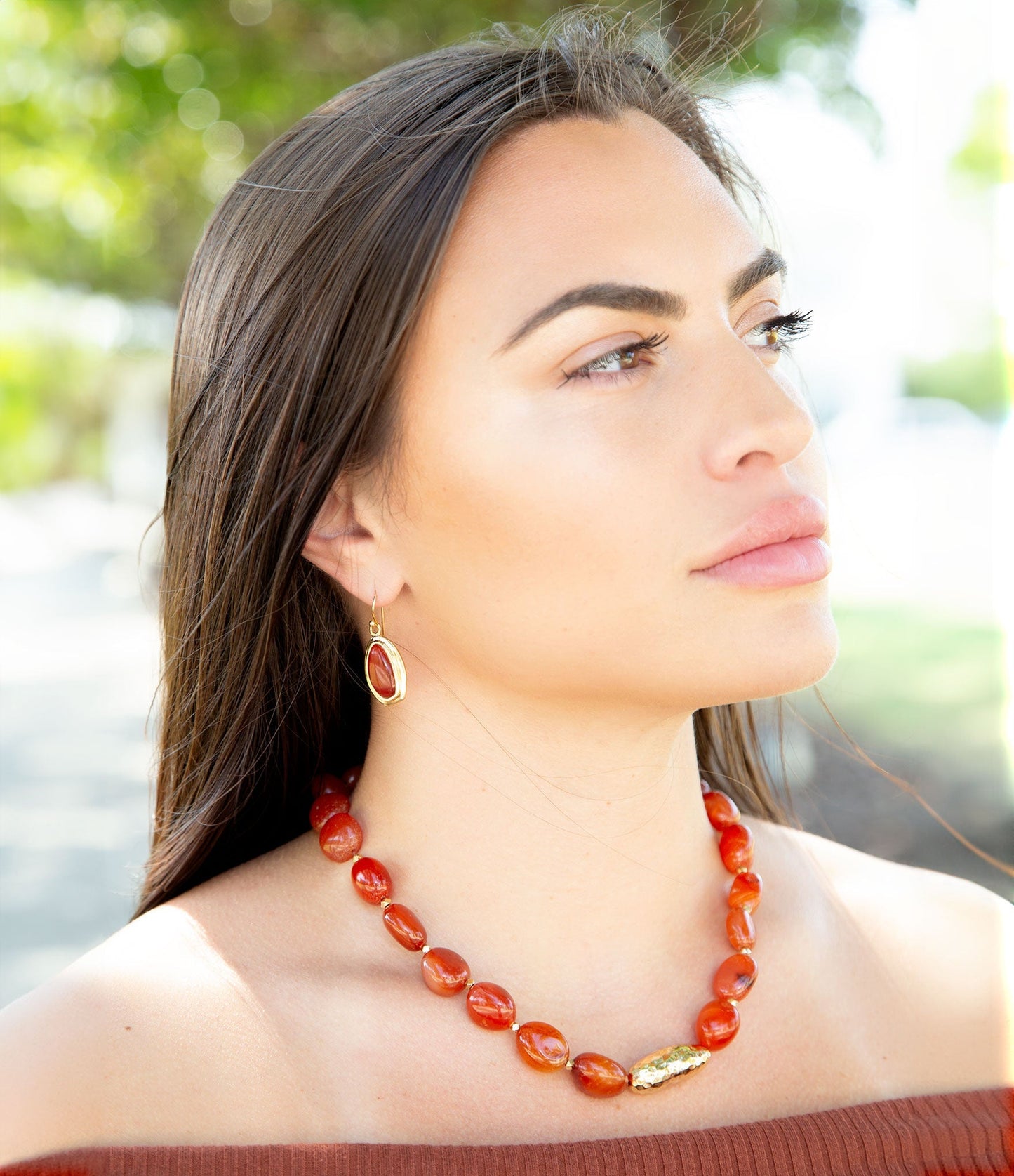 Orange Carnelian Golden Beaded Statement Necklace Barse Jewelry