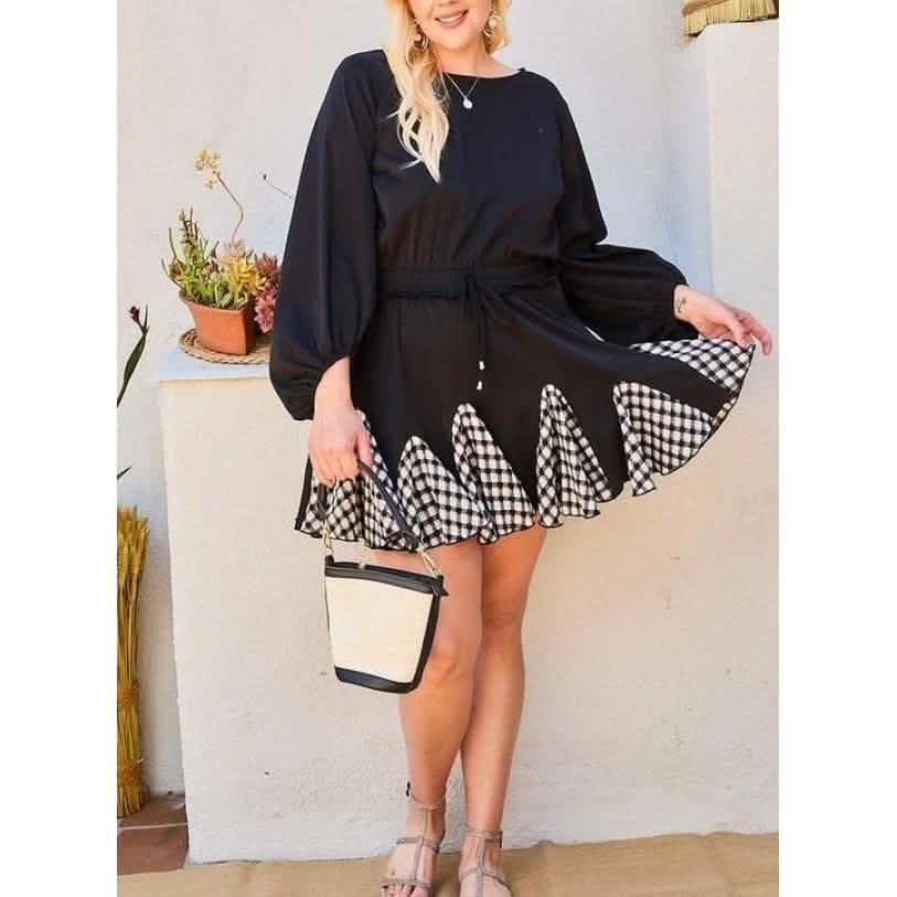 Round Neck 3/4 Bubble Sleeve Gingham Ruffle Romper DailySale