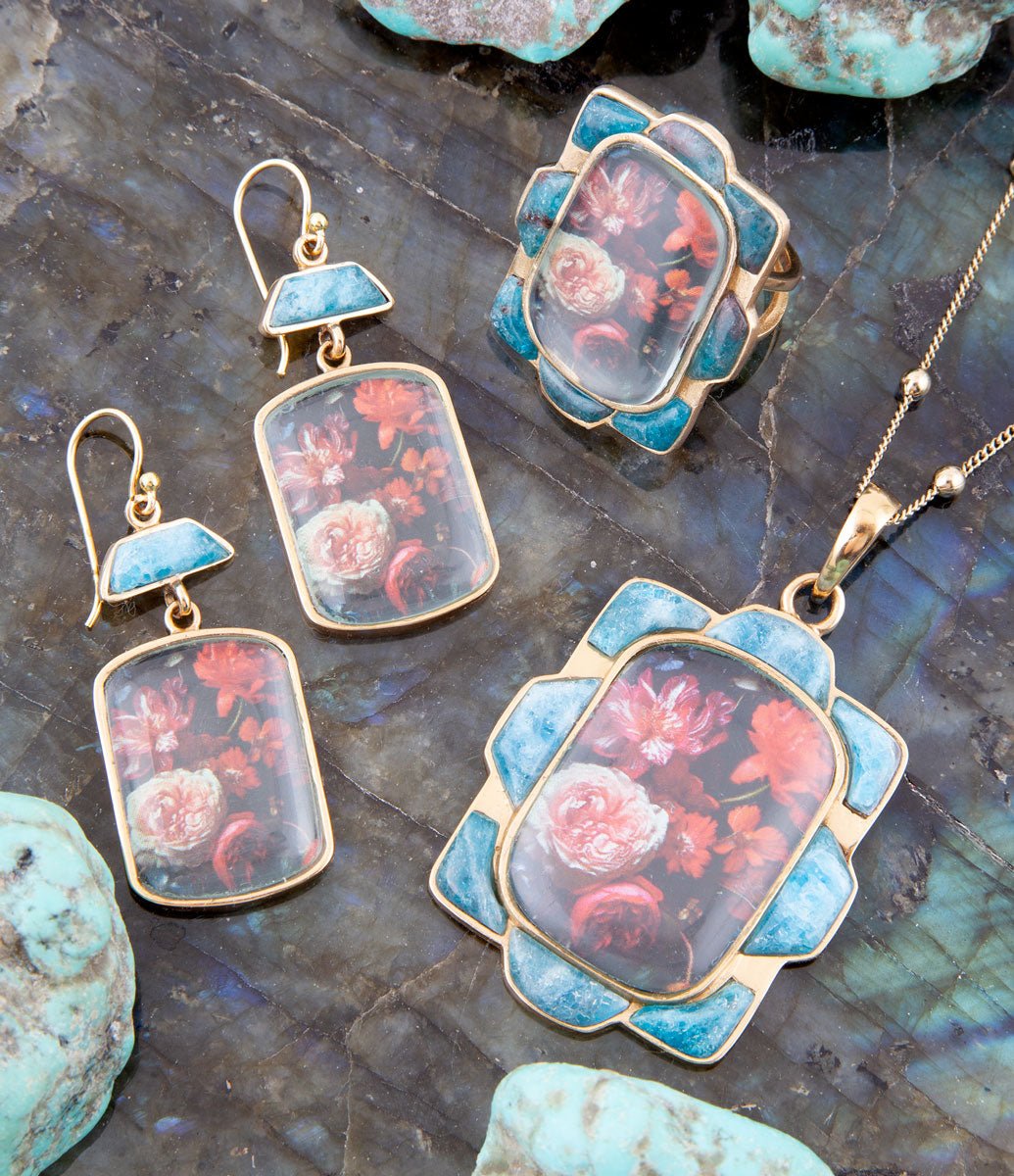 Scenic Red Florals Blue Apatite Golden Pendant Necklace Barse Jewelry