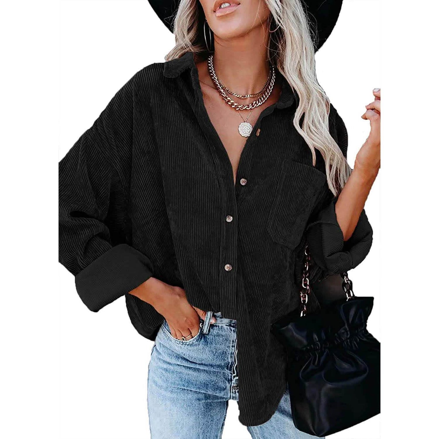 Sidefeel Women Corduroy Long Sleeve Button Down Shirt Oversized Jacket Tops DailySale