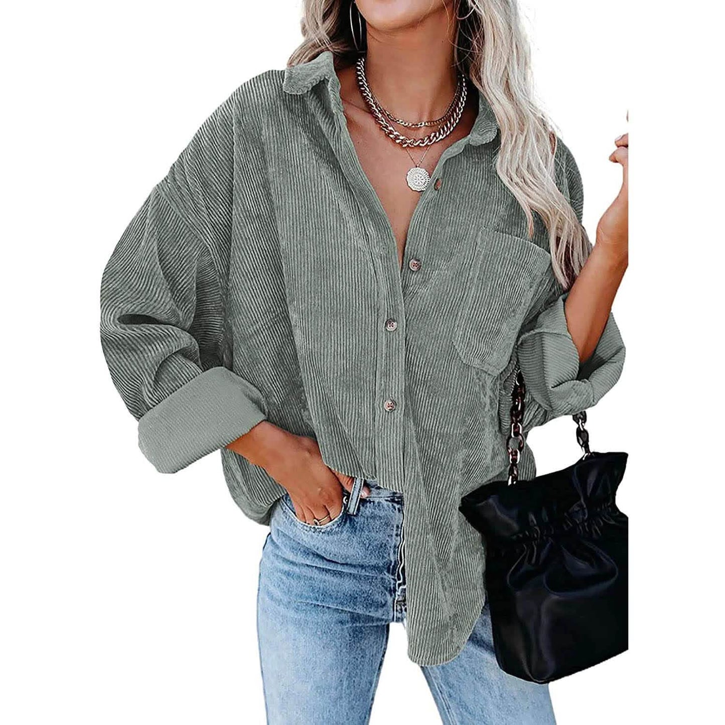Sidefeel Women Corduroy Long Sleeve Button Down Shirt Oversized Jacket Tops DailySale