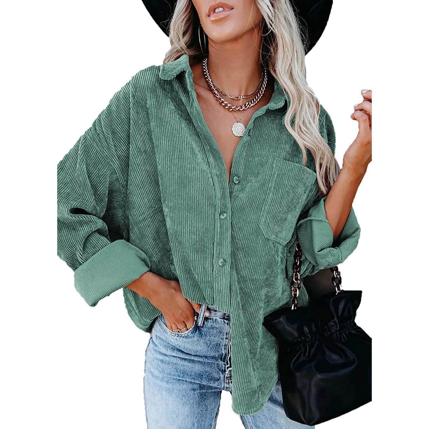 Sidefeel Women Corduroy Long Sleeve Button Down Shirt Oversized Jacket Tops DailySale