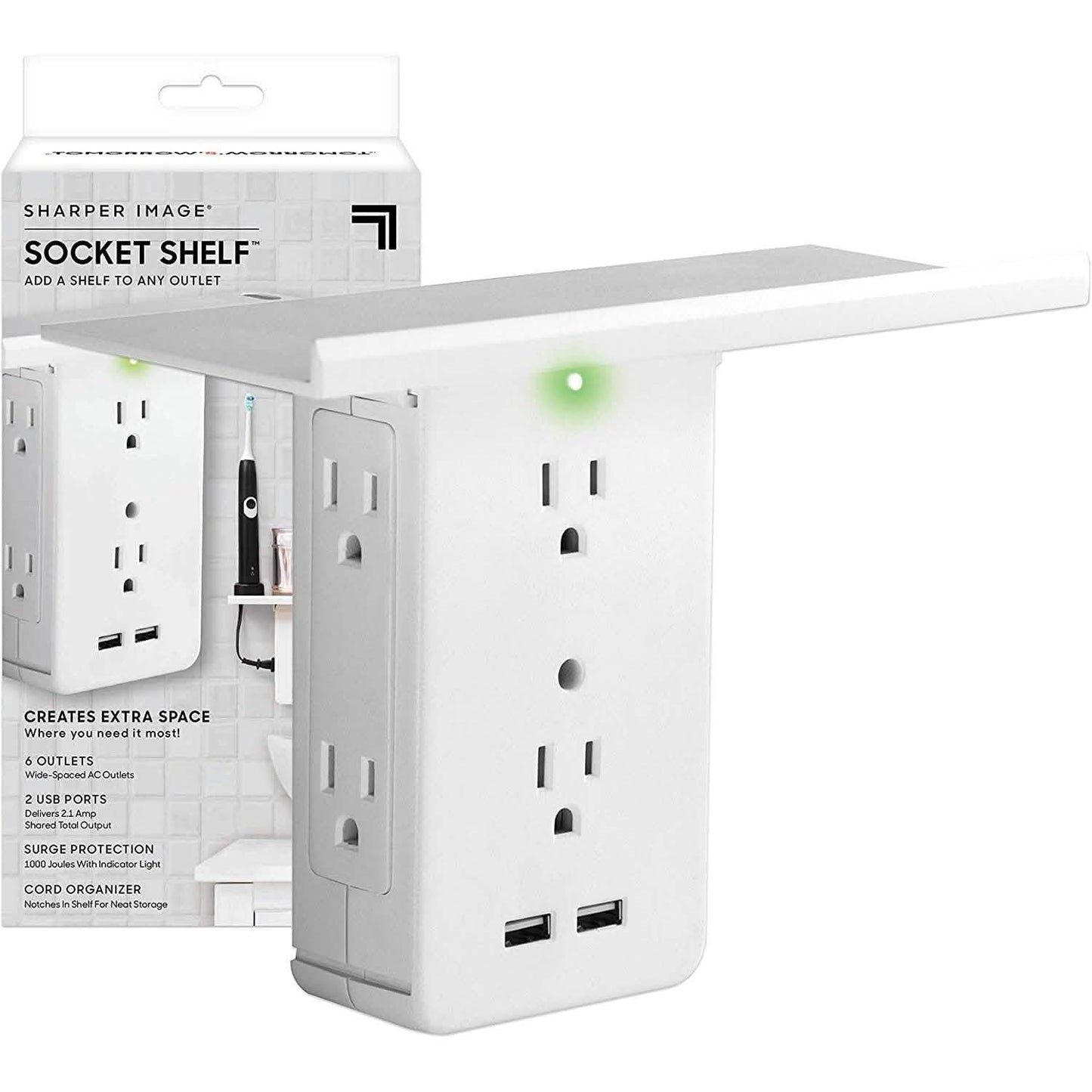 Socket Shelf 8 Port Surge Protector Wall Outlet, 6 Electrical Outlet Extenders, 2 USB Charging Ports DailySale
