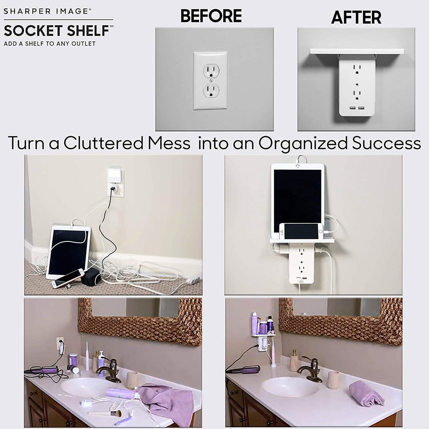 Socket Shelf 8 Port Surge Protector Wall Outlet, 6 Electrical Outlet Extenders, 2 USB Charging Ports DailySale
