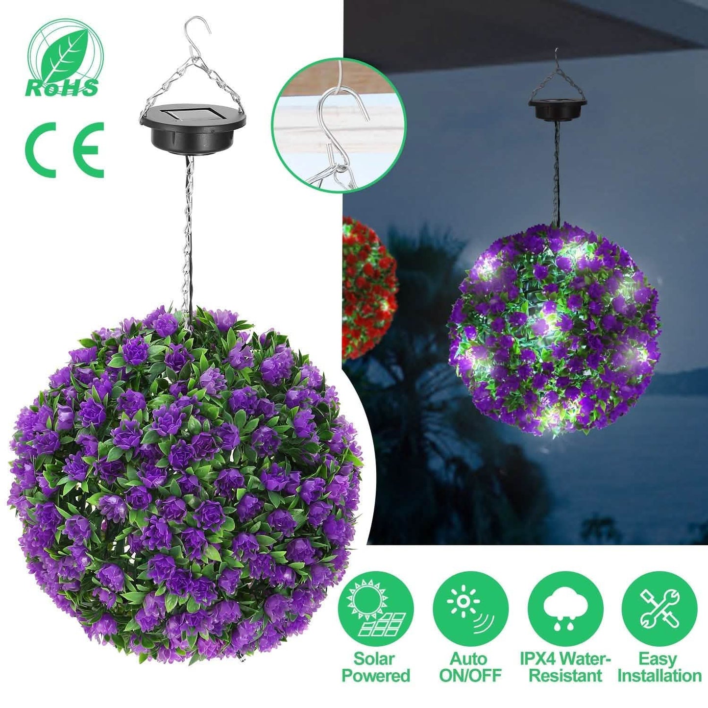 Solar Powered Topiary Ball Artificial Rose 20 LED Lights DailySale