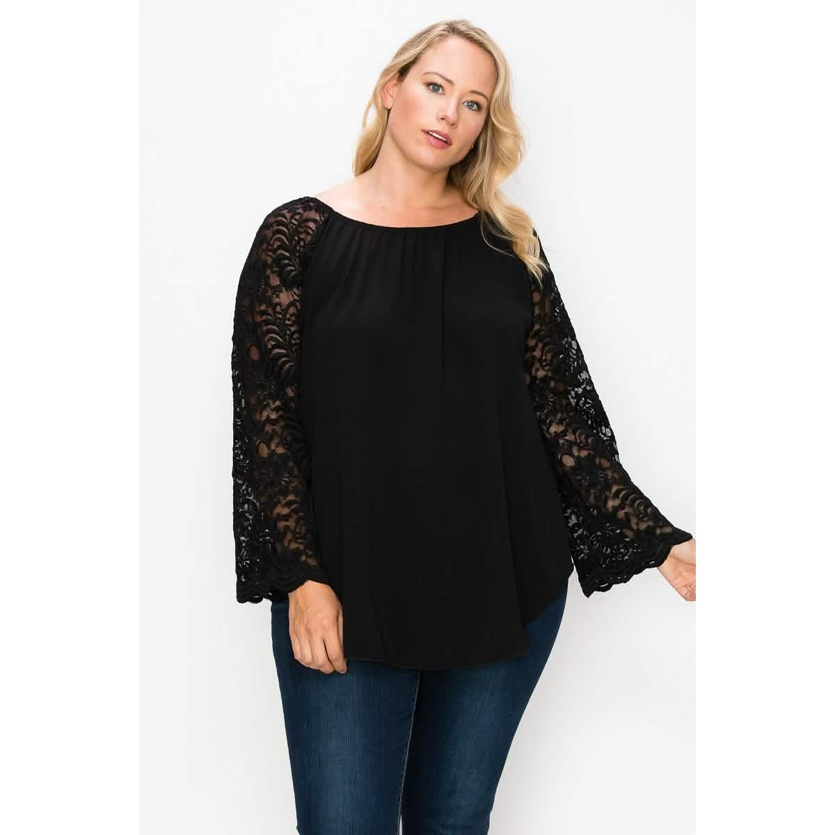 Solid Top Featuring Flattering Lace Bell Sleeves DailySale