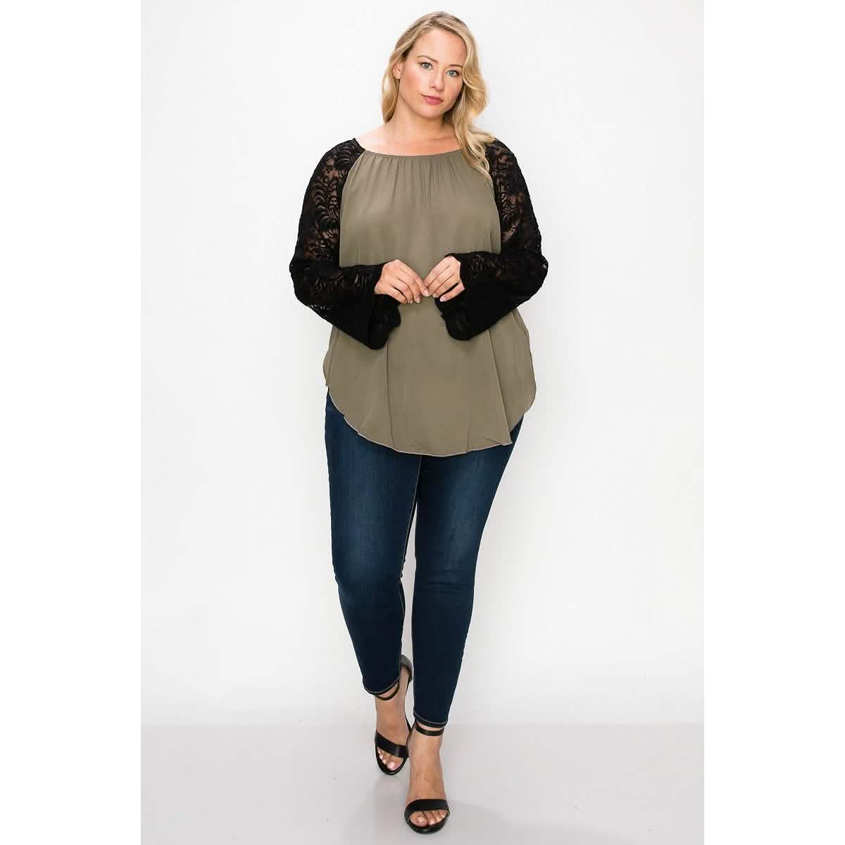 Solid Top Featuring Flattering Lace Bell Sleeves DailySale