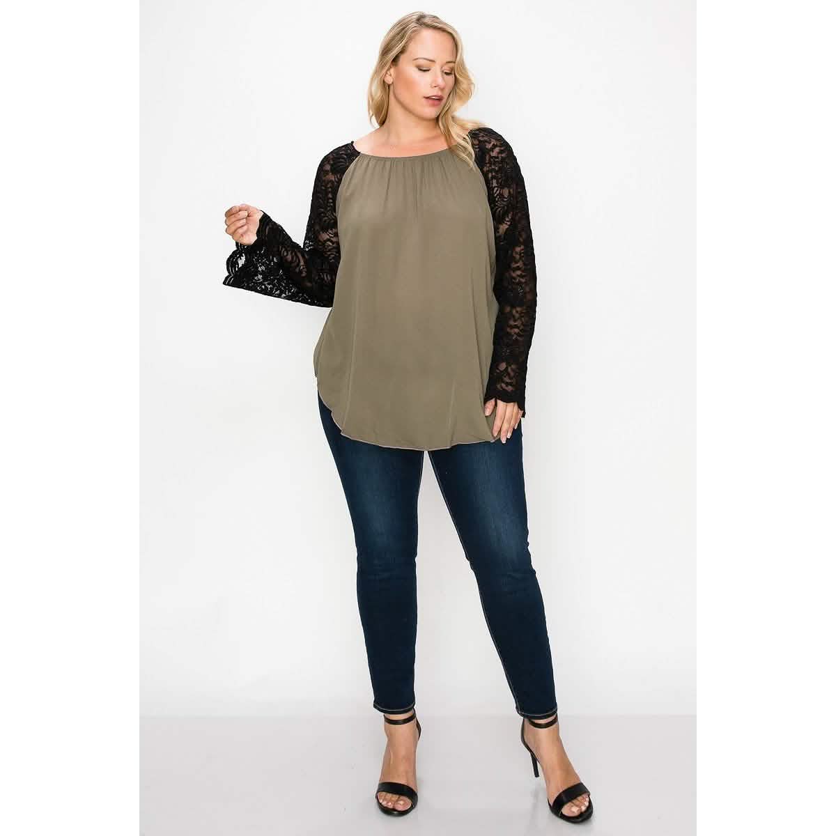 Solid Top Featuring Flattering Lace Bell Sleeves DailySale