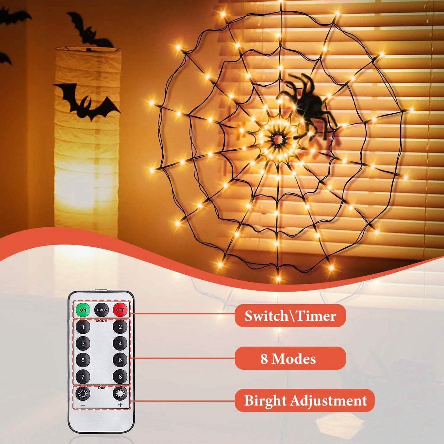 Spider Web Light with Hairy Spider 70LED Battery Powered Remote Control 8 Lighting Modes DailySale