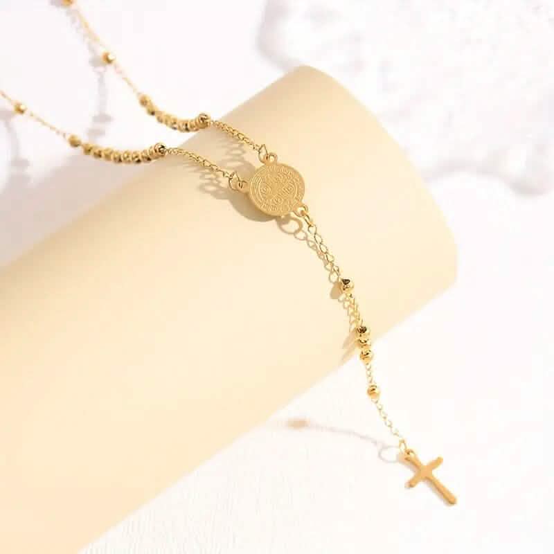 Stainless Steel St. Benedict Pattern Golden Rosary Cross Pendant Necklace DailySale