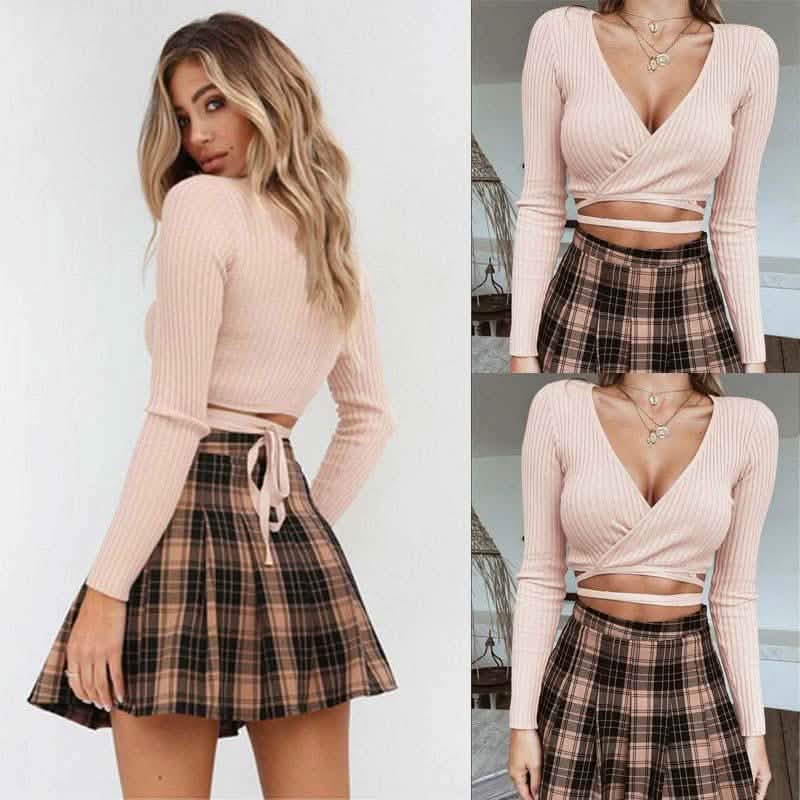 Summer Women Slim Long Sleeve Tee Cross V-neck Sexy Crop Top DailySale