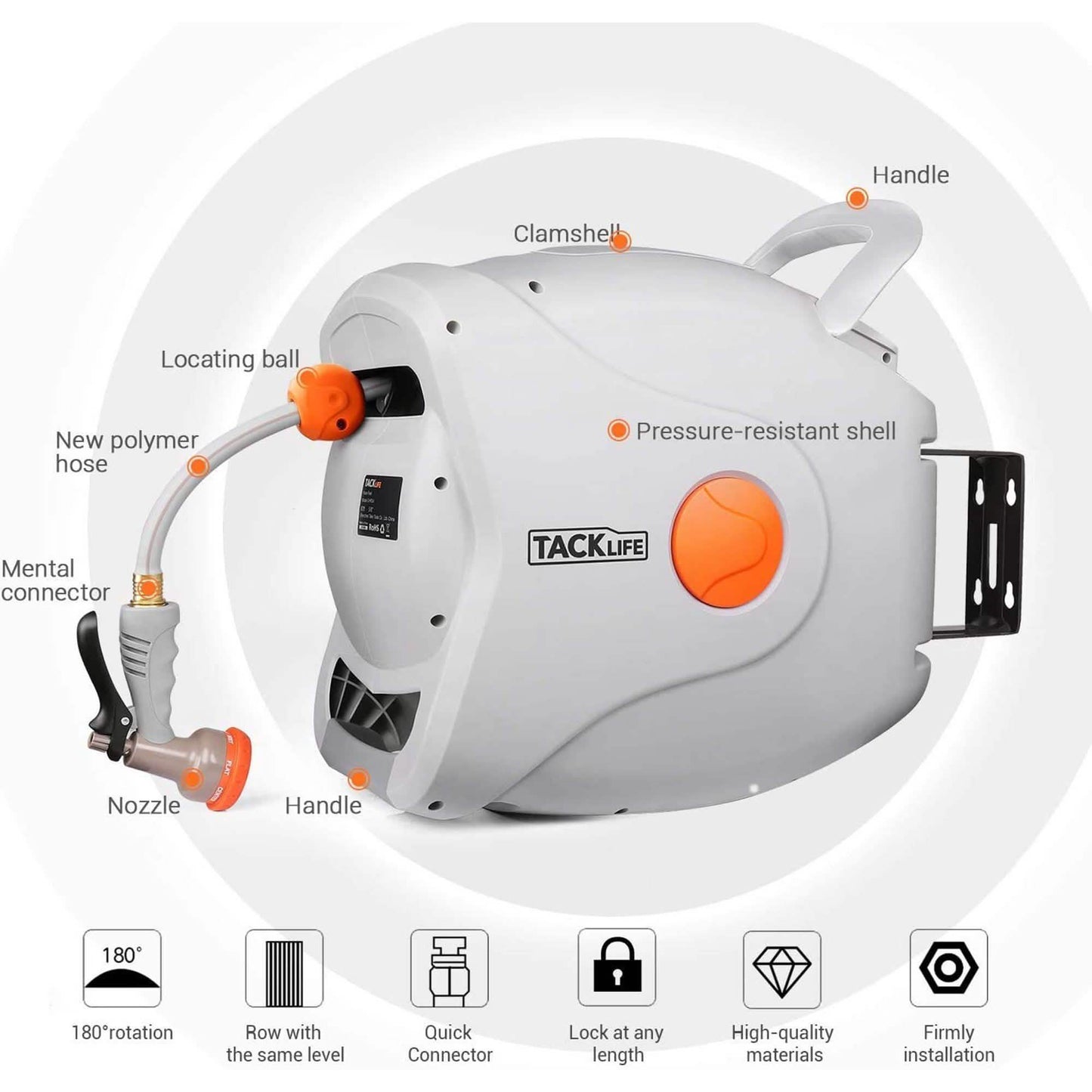 TACKLIFE Garden Retractable Hose Reel 82+8 FT 5/8'' Wall Mounted DailySale