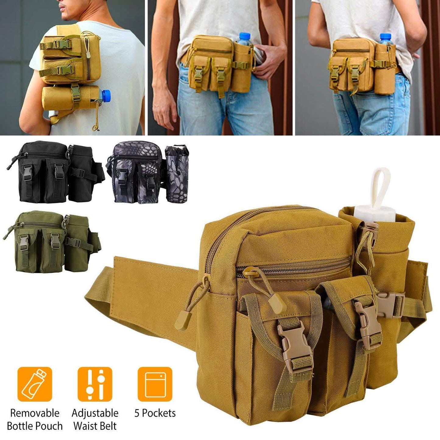 Tactical Waist Bag Utility Pouch Belt Bag with Water Bottle Pouch DailySale