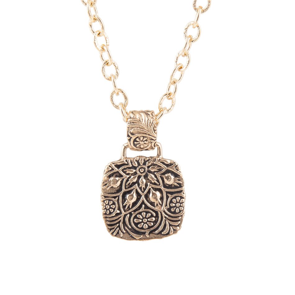 Carved Blue Turquoise Stone Golden Pendant Necklace Barse Jewelry