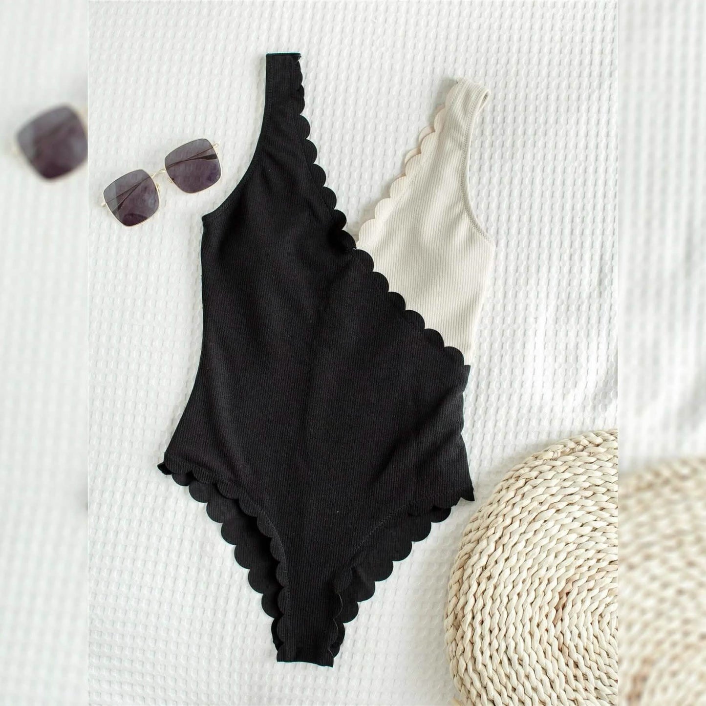Two Tone Scallop Trim One Piece Swimsuit DailySale